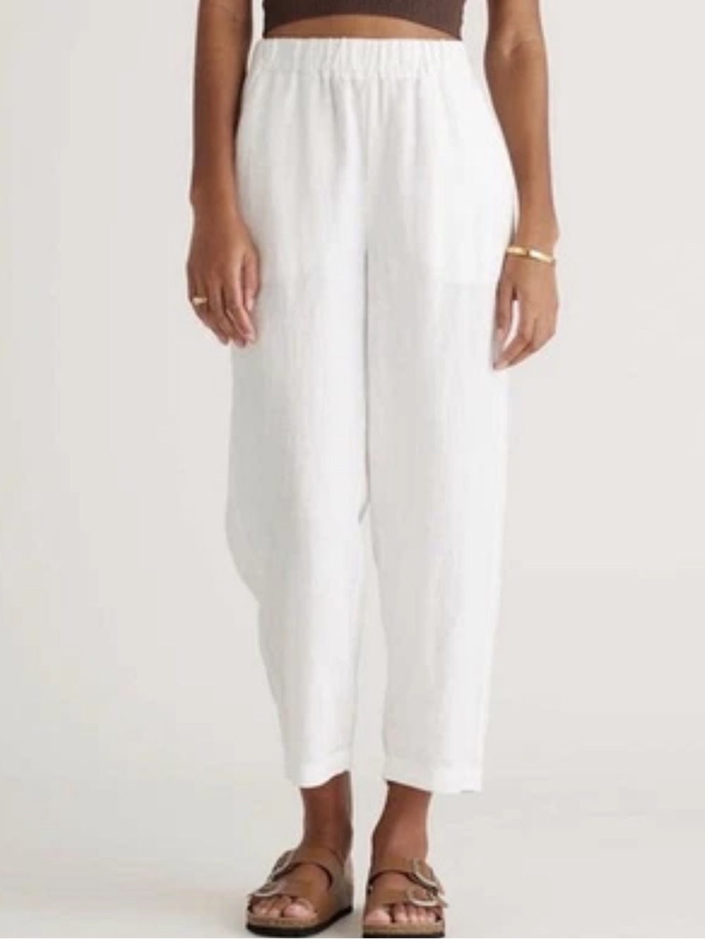 Quince White Elastic Waist Cropped Linen Pants
